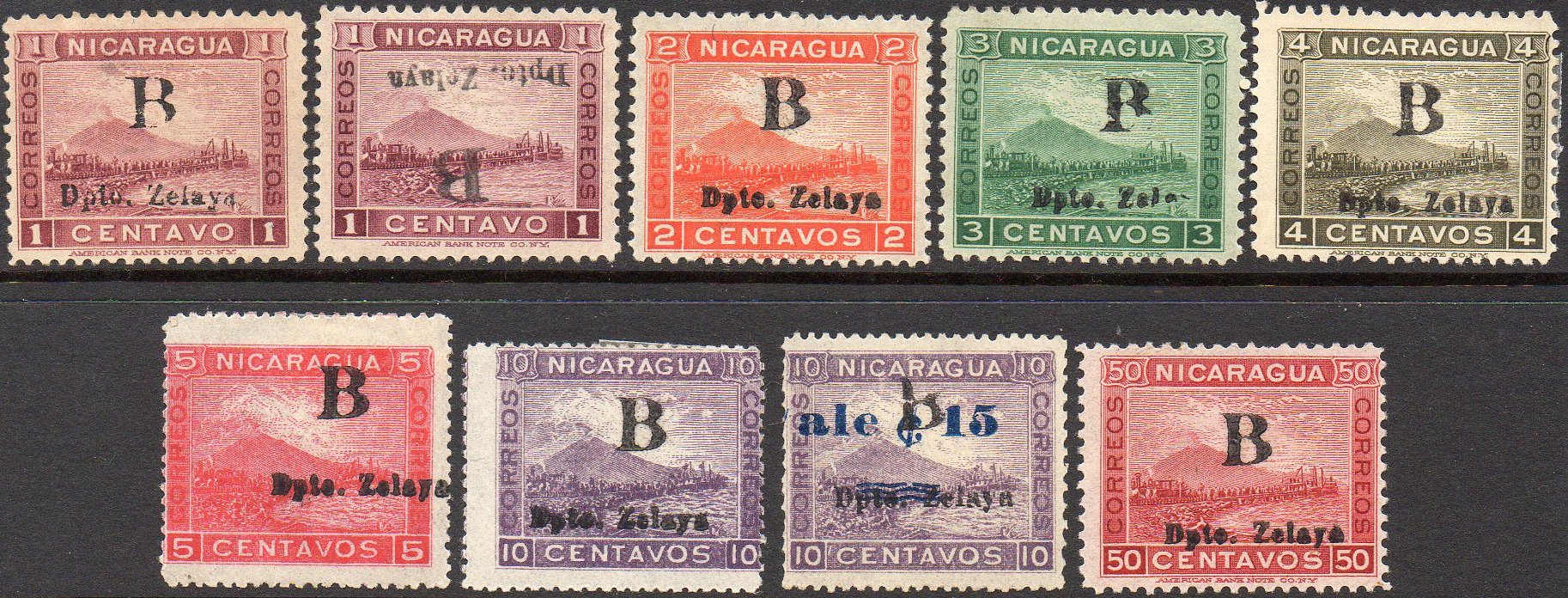timbres-poste sellos postales stamps Nicaragua Momotombo to Dealers' Order Zelaya Bluefields Volcano & Train